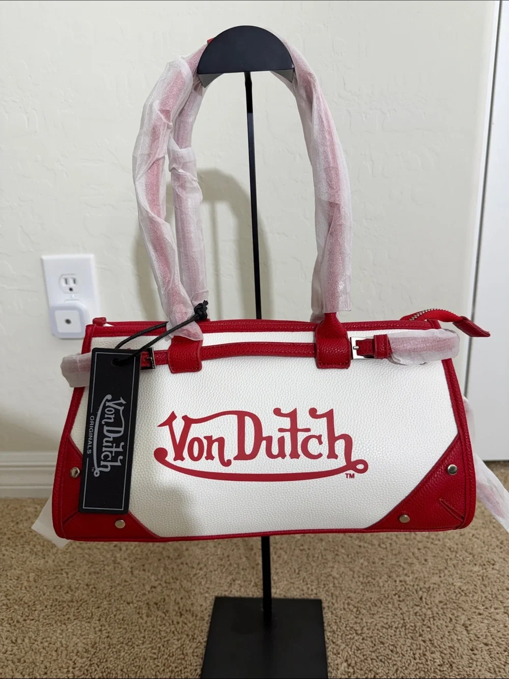 Von Dutch NWT Classic Two-Tone Vegan Leather Bowling Bag Satchel White Red